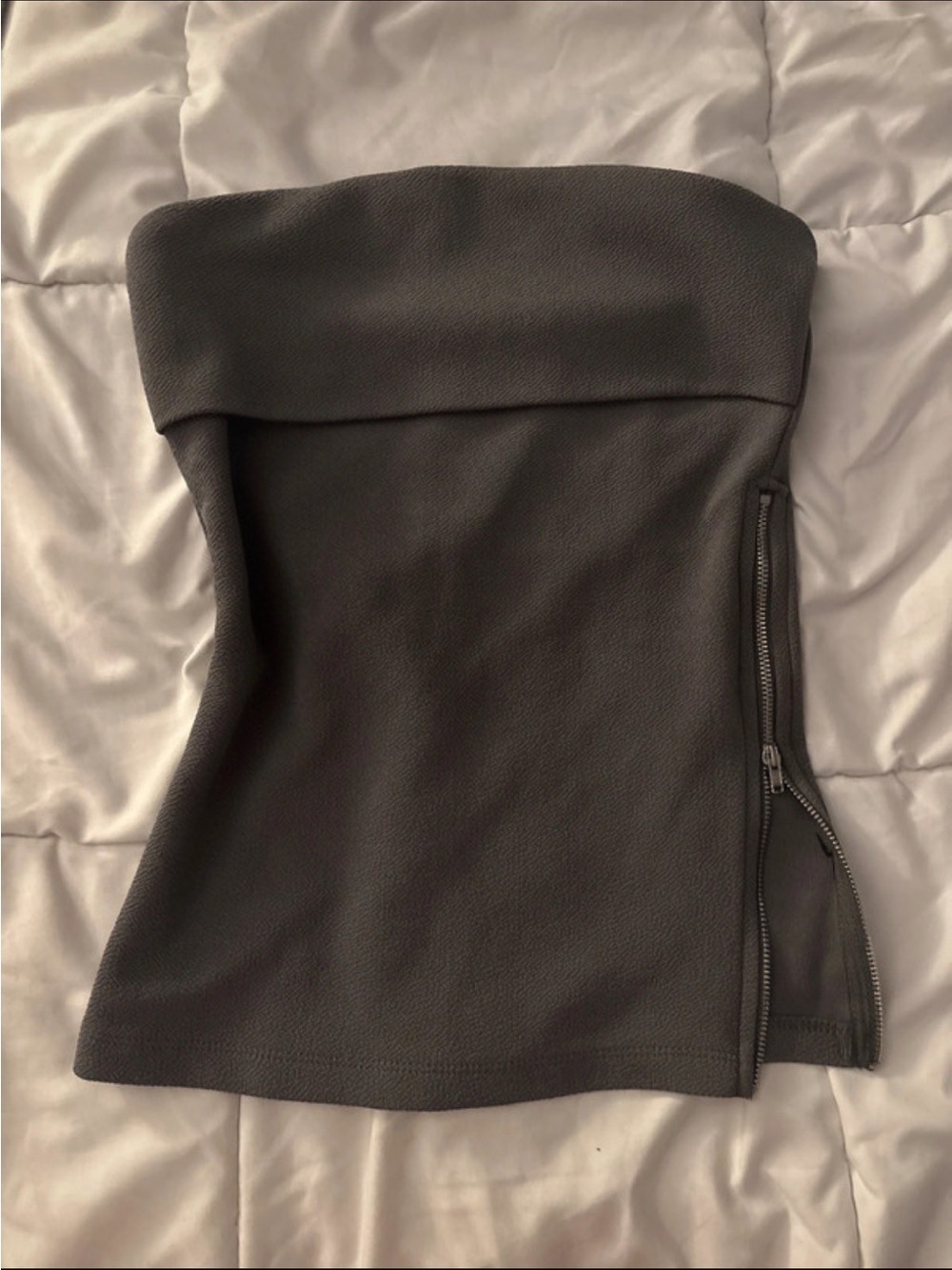 textured grey tube top with functional side zipper